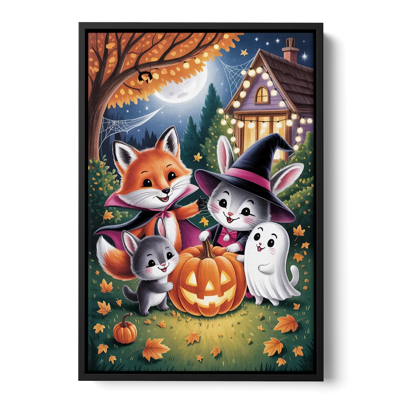 Enchanting Animals Festivity Cute Halloween Front - Black Canvas Wall Art