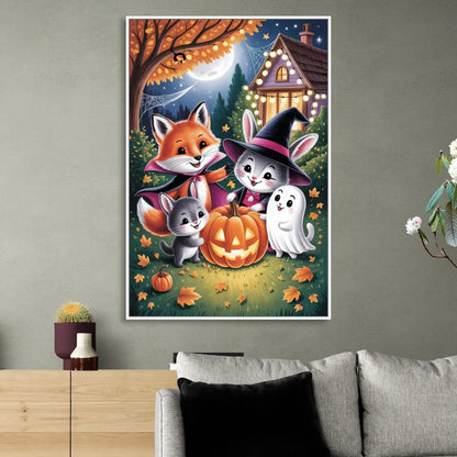Enchanting Animals Festivity Cute Halloween Living Room - White Canvas Wall Art