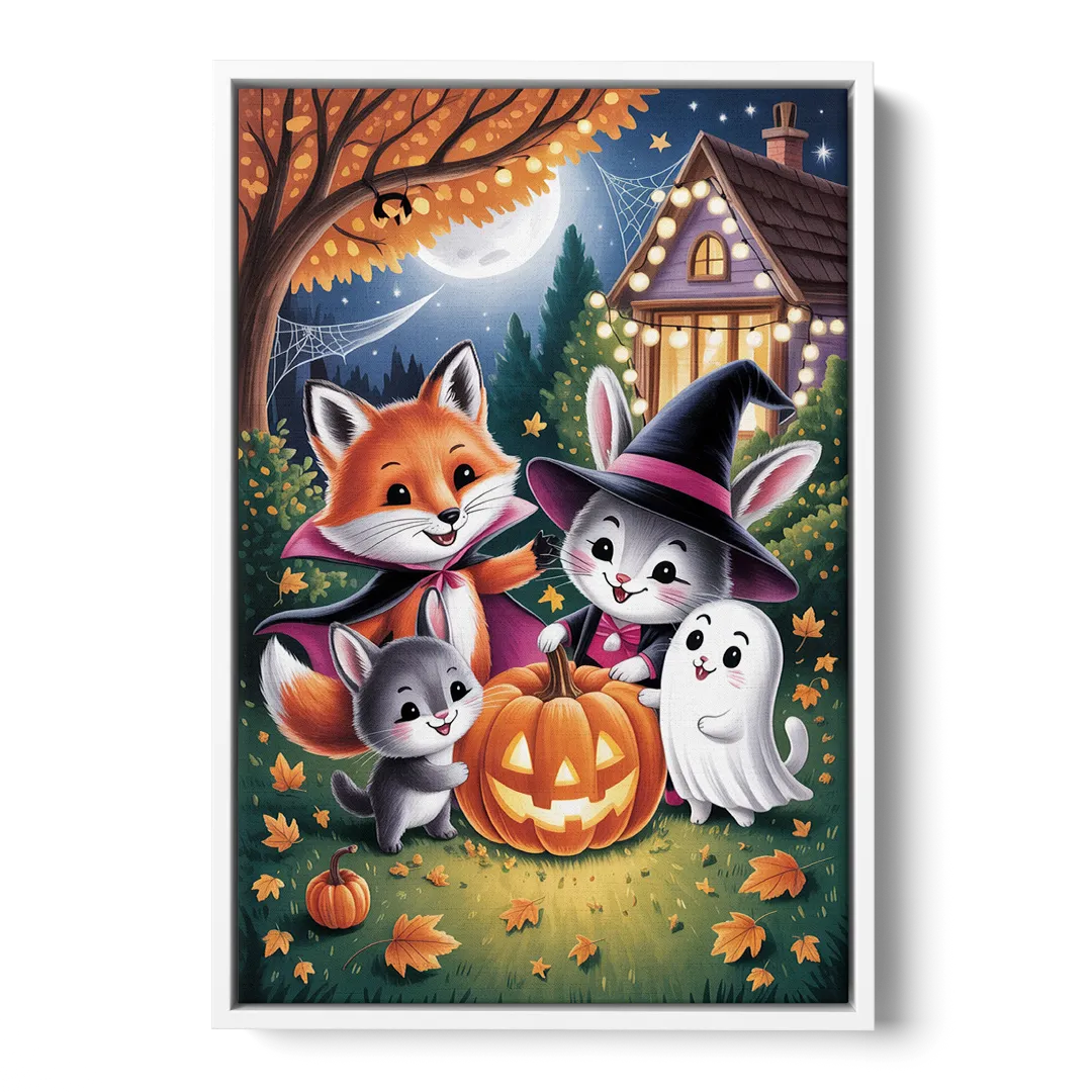 Enchanting Animals Festivity Cute Halloween - White Frame Canvas
