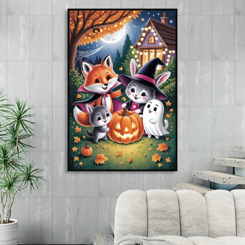 Enchanting Animals Festivity Cute Halloween Sitting Room - Black Canvas Wall Art