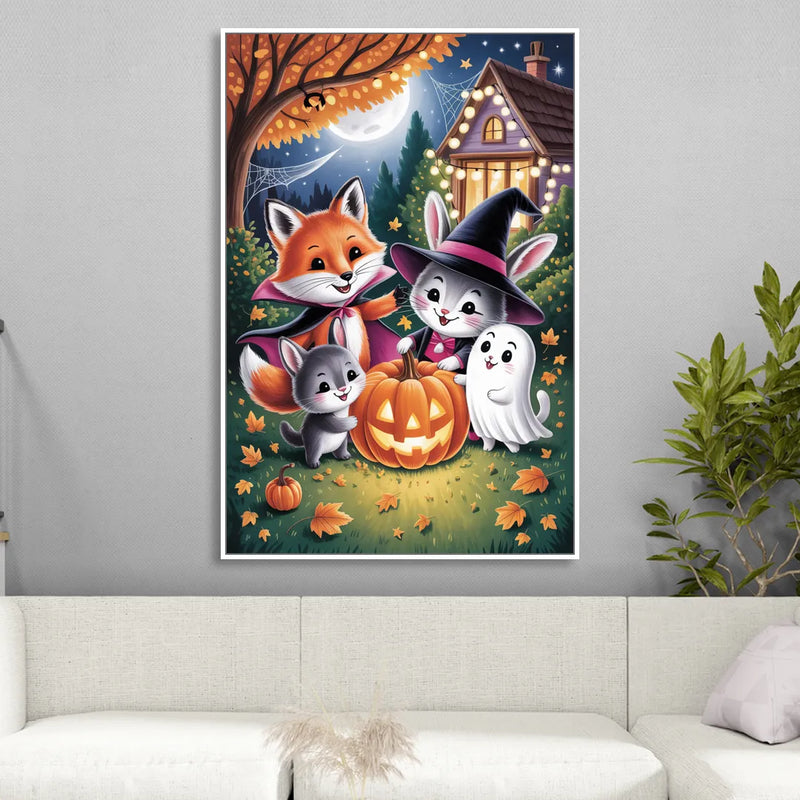 Enchanting Animals Festivity Cute Halloween Sitting Room - White Canvas Wall Art