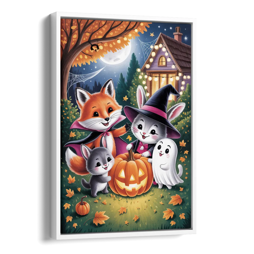Enchanting Animals Festivity Cute Halloween Side - White Canvas Wall Art