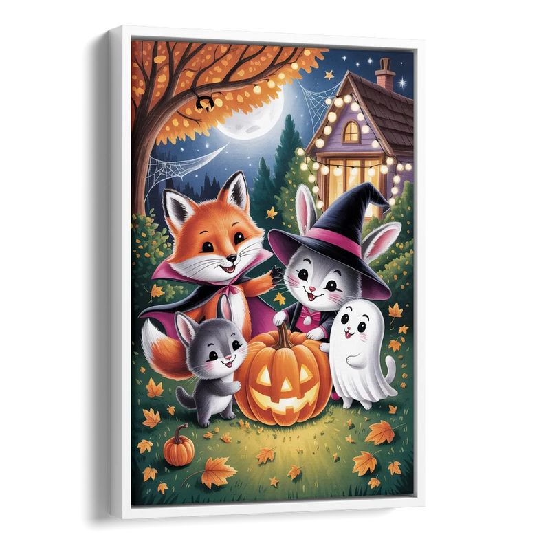 Enchanting Animals Festivity Cute Halloween Side - White Canvas Wall Art