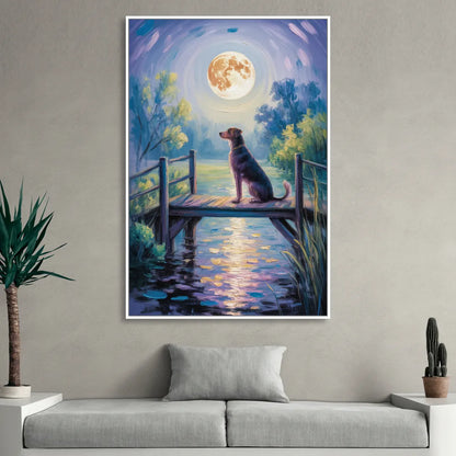 Enchanting Dog and Moon Living Room - White Canvas Wall Art