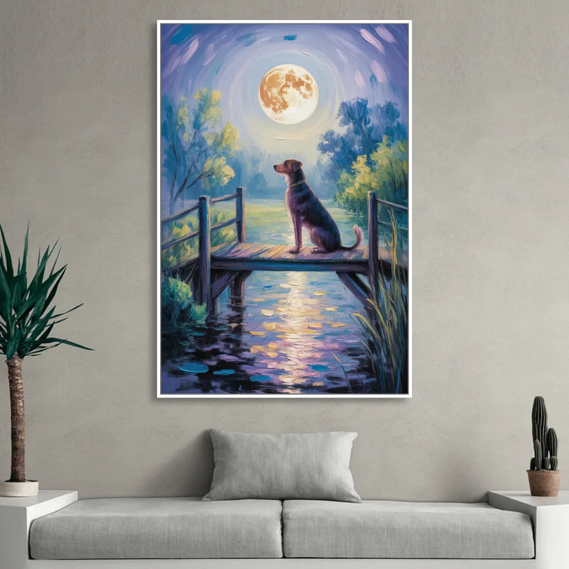 Enchanting Dog and Moon Living Room - White Canvas Wall Art