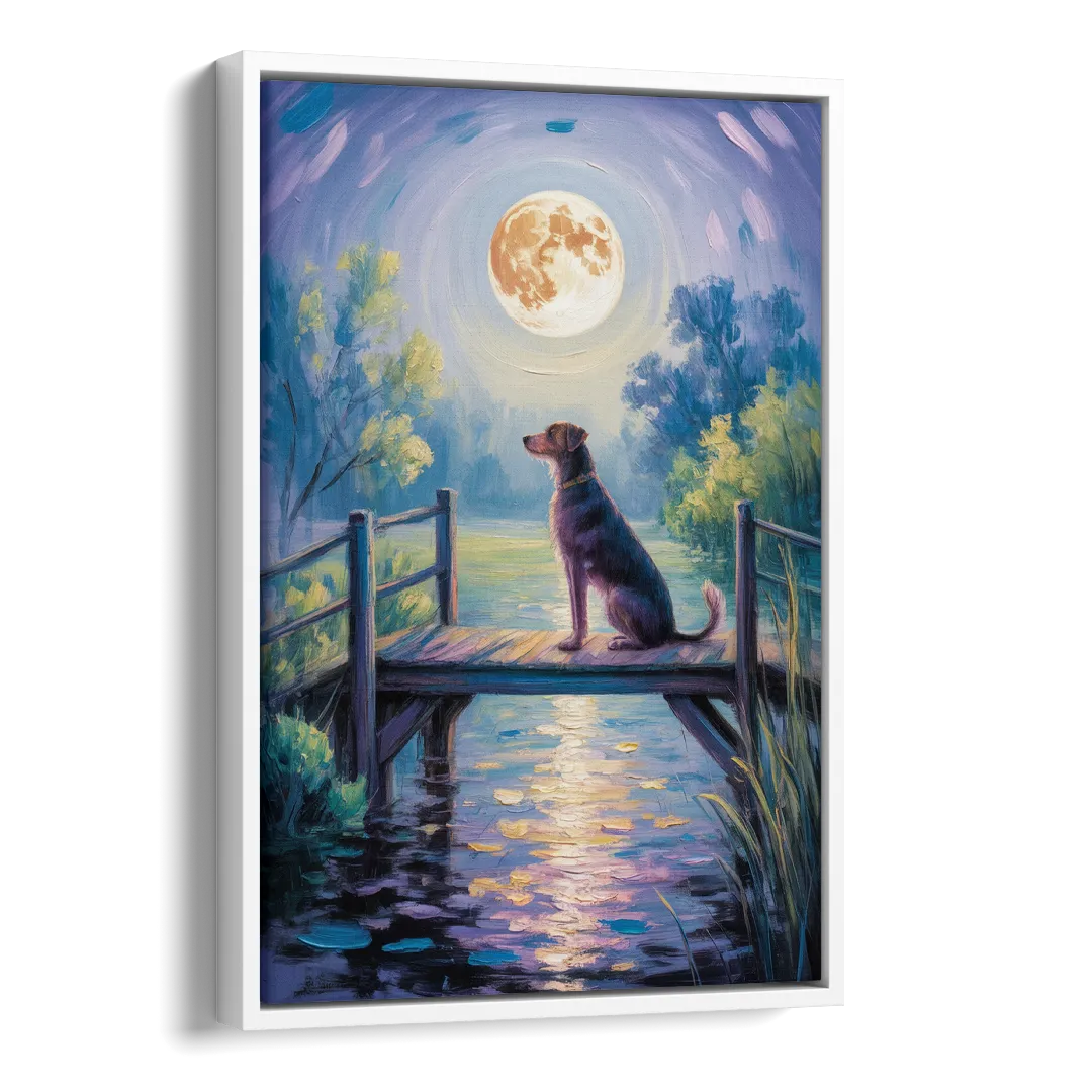 Enchanting Dog and Moon Side - White Canvas Wall Art