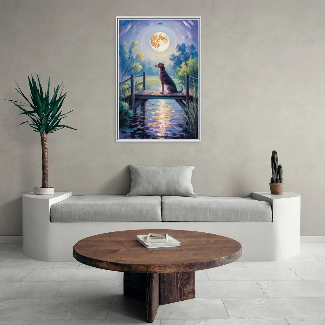 Enchanting Dog and Moon - Living Room White Frame Canvas