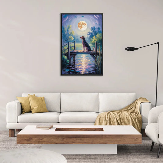 Enchanting Dog and Moon - Living Room Black Frame Canvas