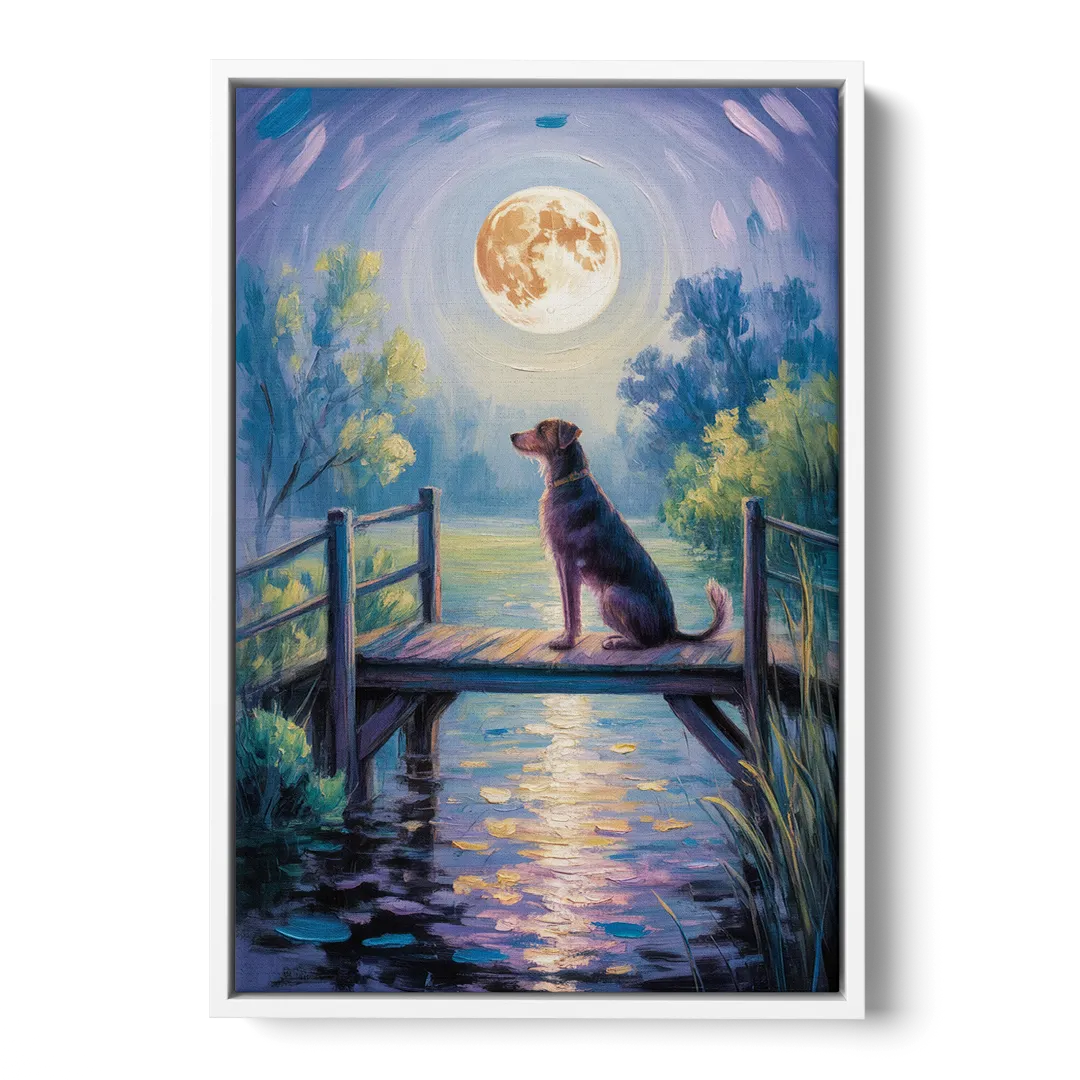 Enchanting Dog and Moon - White Frame Canvas