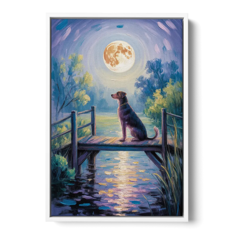 Enchanting Dog and Moon Front - White Canvas Wall Art