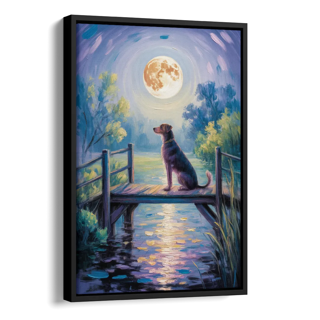 Enchanting Dog and Moon Side - Black Canvas Wall Art