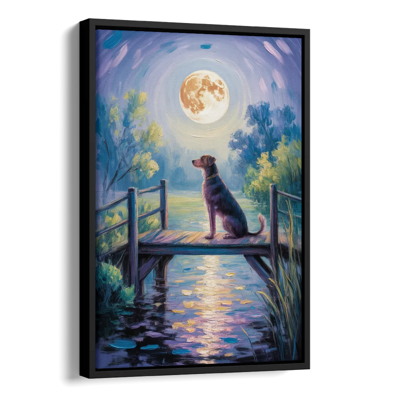 Enchanting Dog and Moon Side - Black Canvas Wall Art