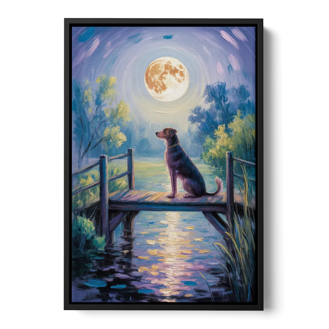 Enchanting Dog and Moon Front - Black Canvas Wall Art