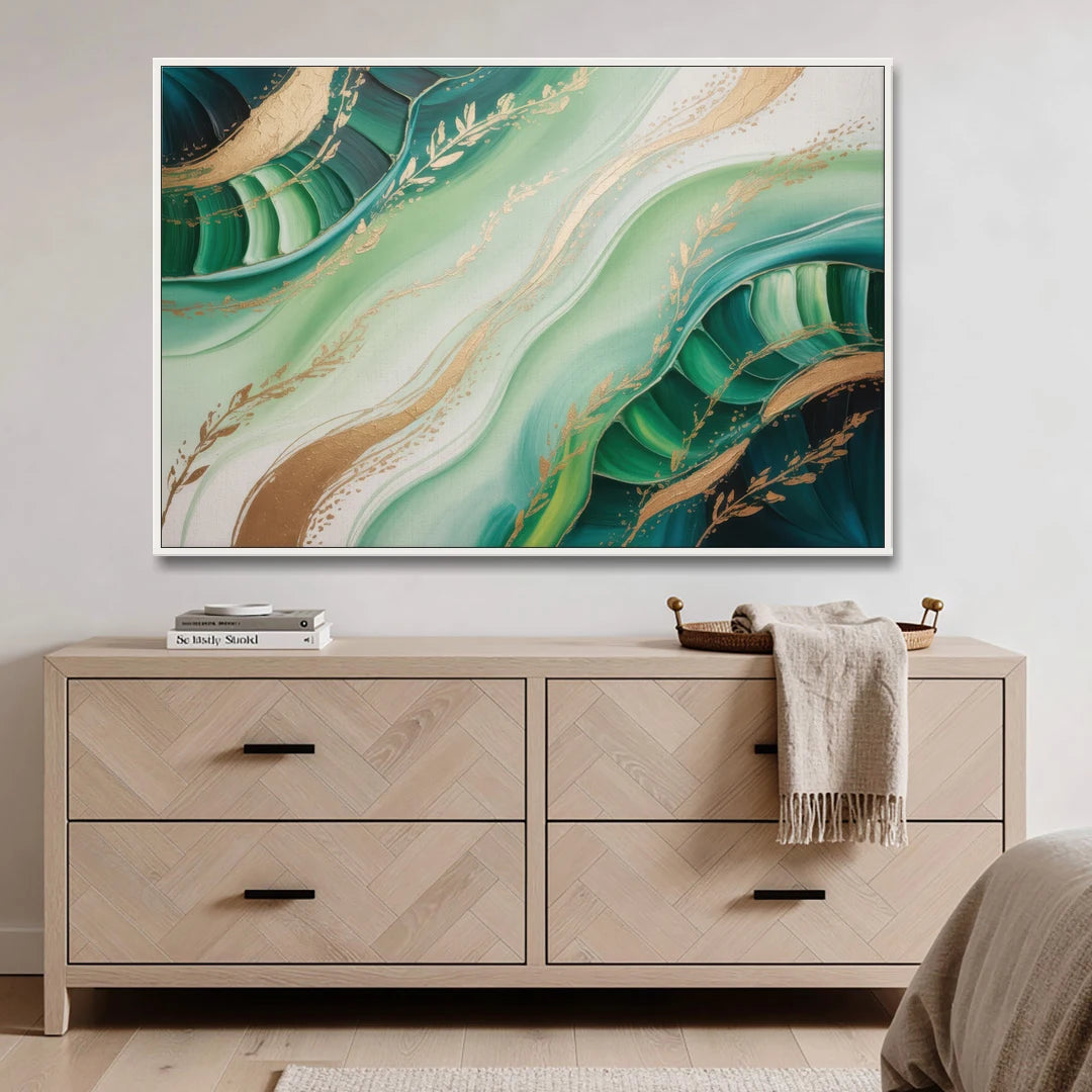 Enchanting Forest Green Abstract - White Framed Canvas Wall Art - Coffee Table - 60x40