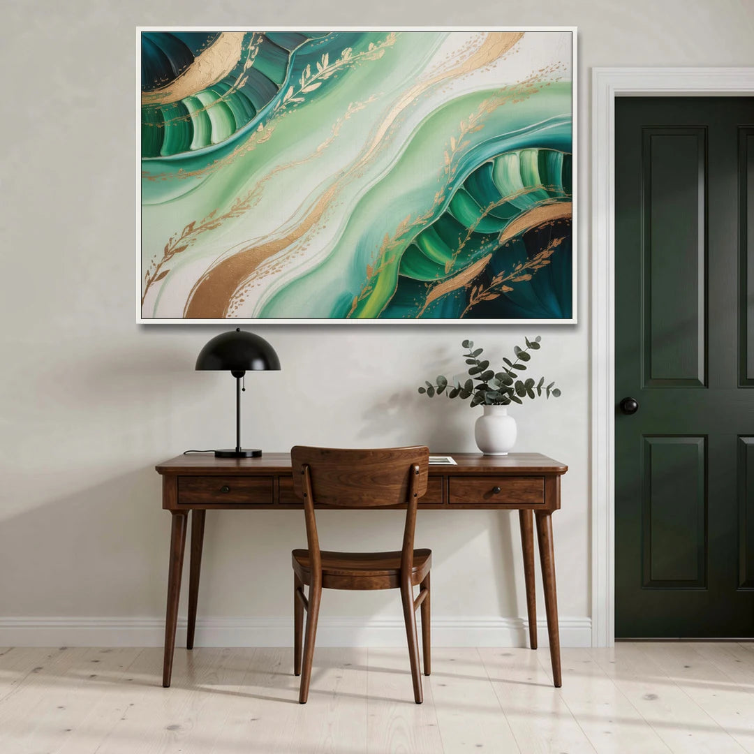Enchanting Forest Green Abstract - White Framed Canvas Wall Art - Office - 60x40