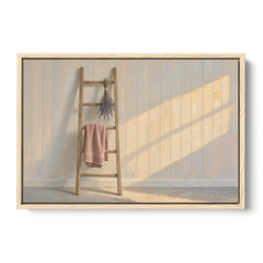 English Cottage Wall Art with Towel Ladder and Lavender - Oak Framed Canvas Wall Art - Front