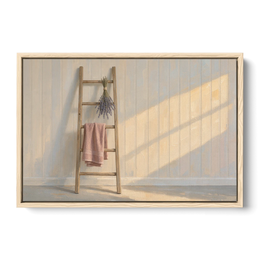 English Cottage Wall Art with Towel Ladder and Lavender - Oak Framed Canvas Wall Art - Front