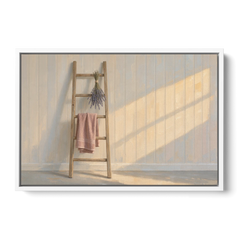 English Cottage Wall Art with Towel Ladder and Lavender - White Framed Canvas Wall Art - Front