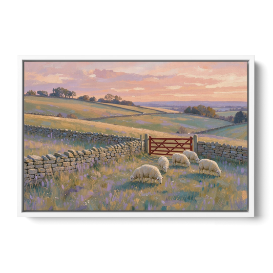 English Countryside Wall Art of a Red Field Gate - White Framed Canvas Wall Art - Front