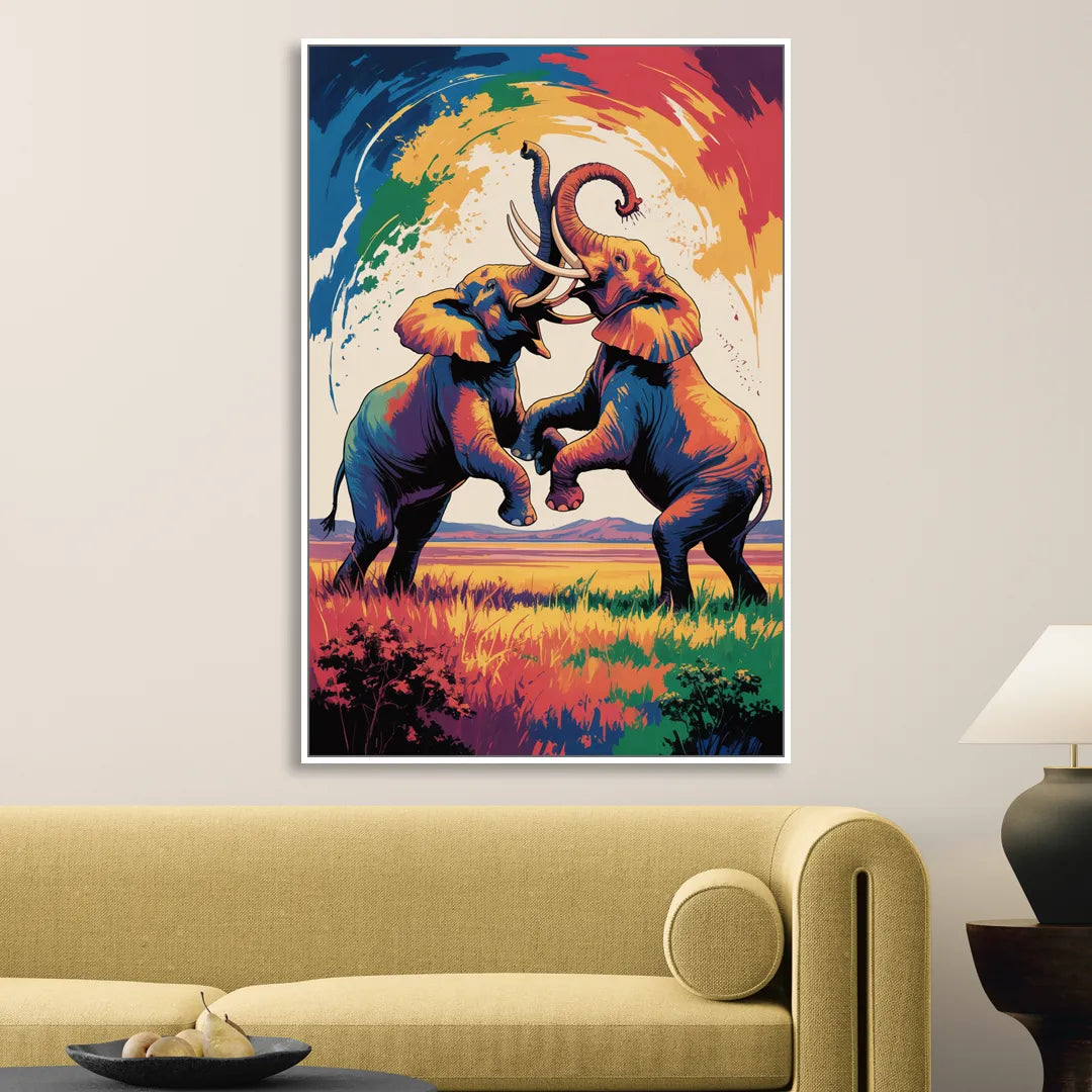Epic Elephant Battle Living Room - White Canvas Wall Art
