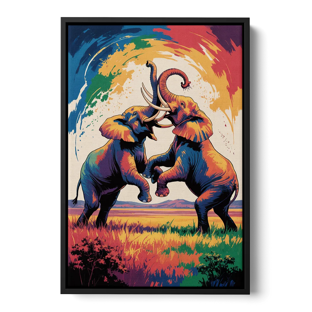 Epic Elephant Battle - Black Frame Canvas