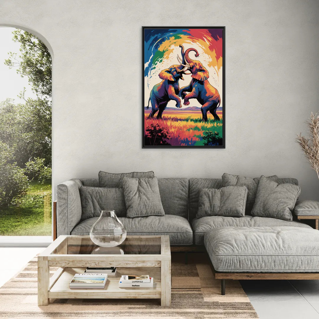 Epic Elephant Battle - Living Room Black Frame Canvas