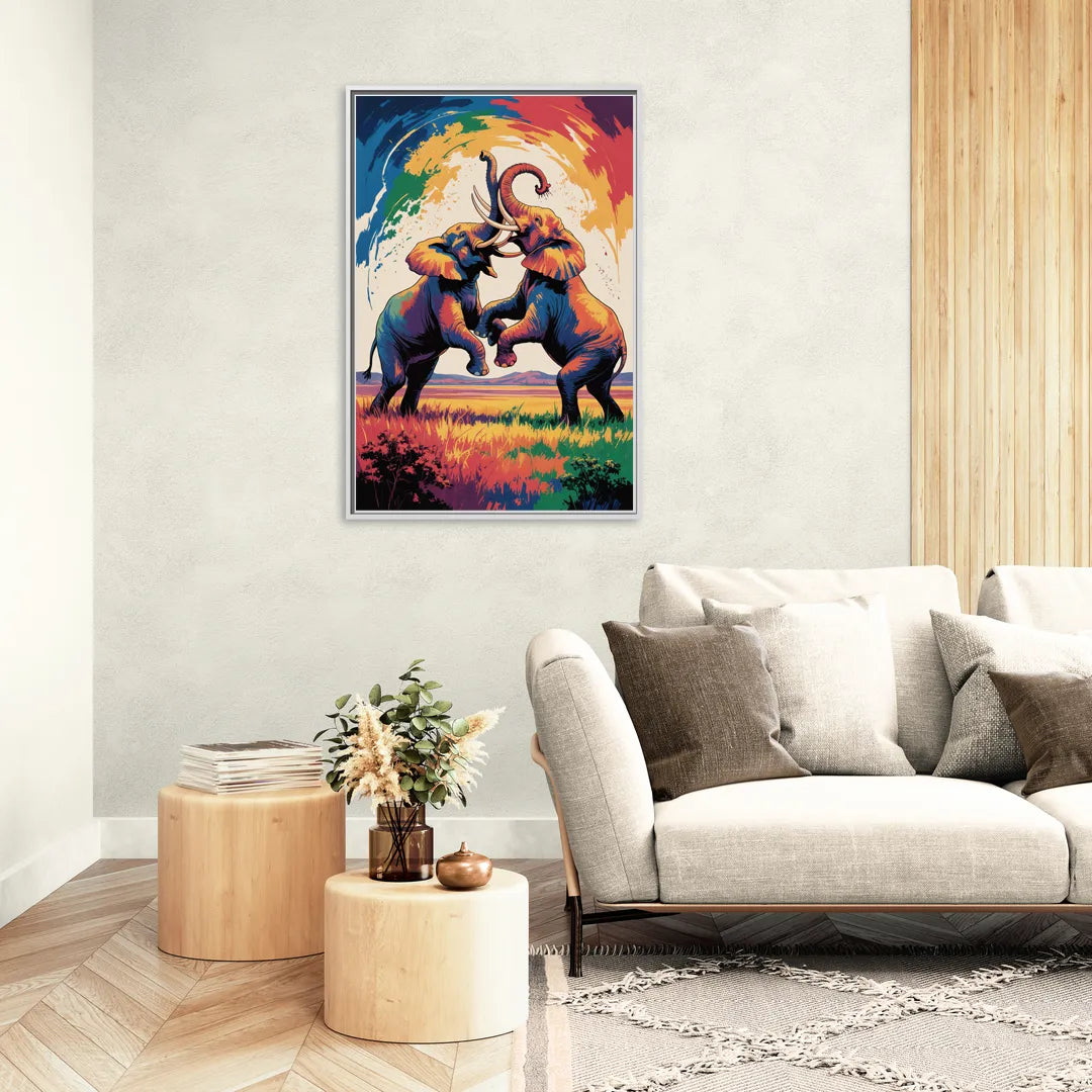 Epic Elephant Battle - Living Room White Frame Canvas