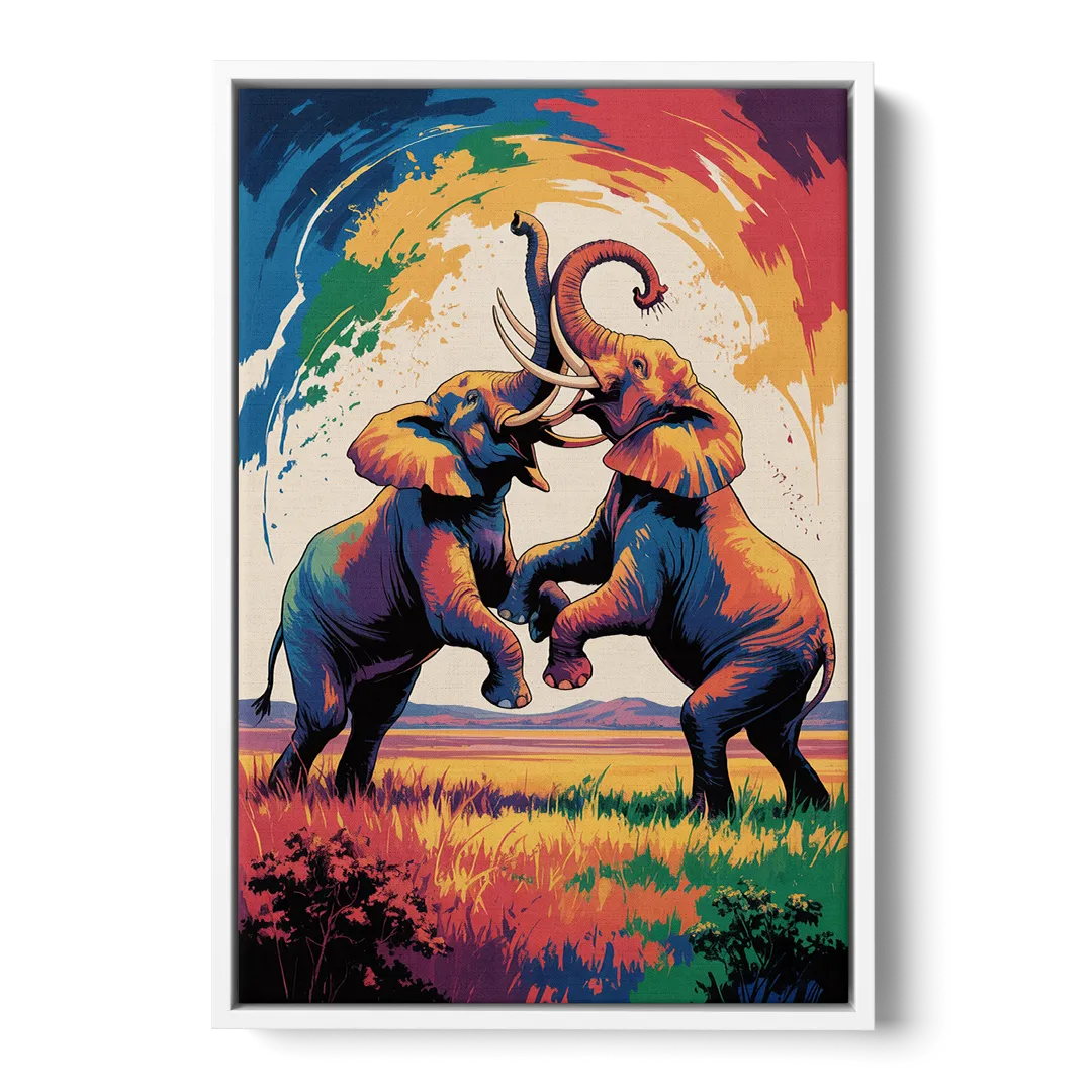 Epic Elephant Battle - White Frame Canvas