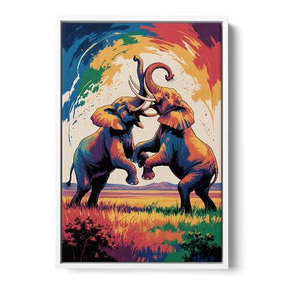 Epic Elephant Battle - White Frame Canvas