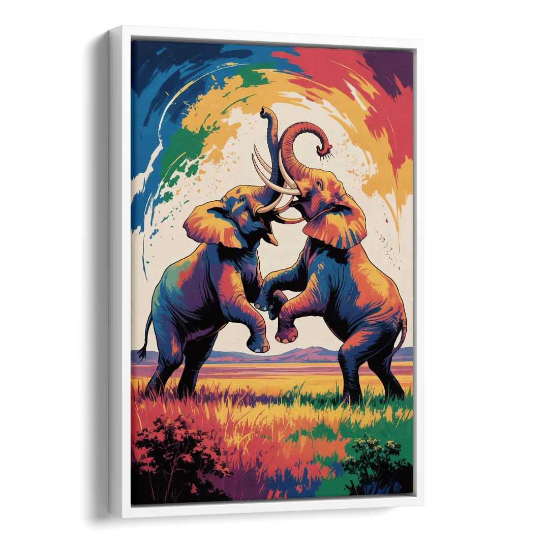 Epic Elephant Battle Side - White Canvas Wall Art