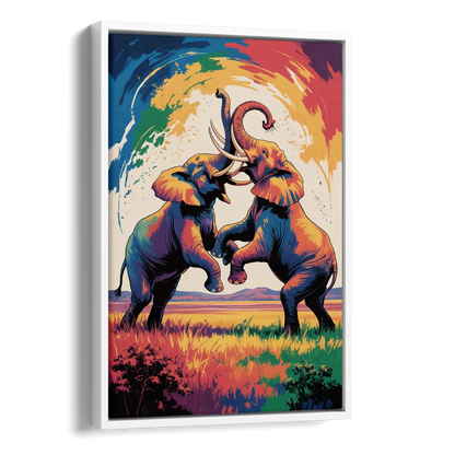 Epic Elephant Battle Side - White Canvas Wall Art