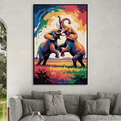 Epic Elephant Battle Living Room - Black Canvas Wall Art