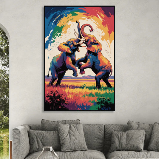 Epic Elephant Battle Living Room - Black Canvas Wall Art