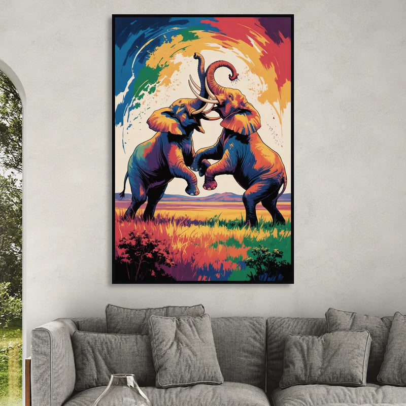 Epic Elephant Battle Living Room - Black Canvas Wall Art