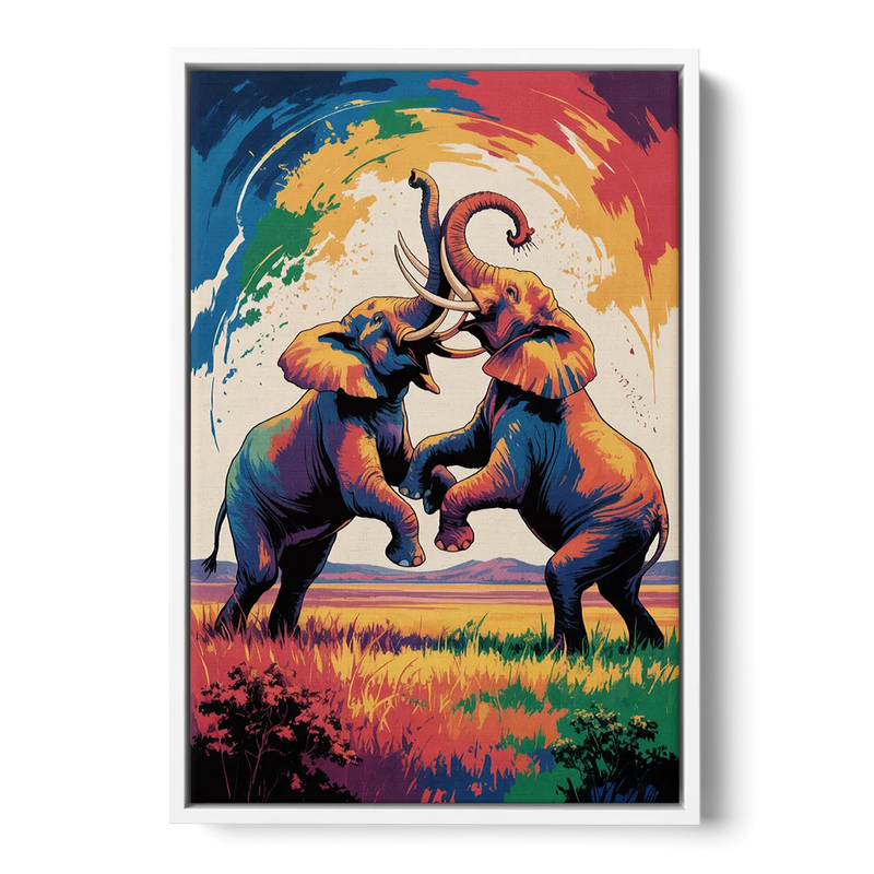 Epic Elephant Battle Front - White Canvas Wall Art