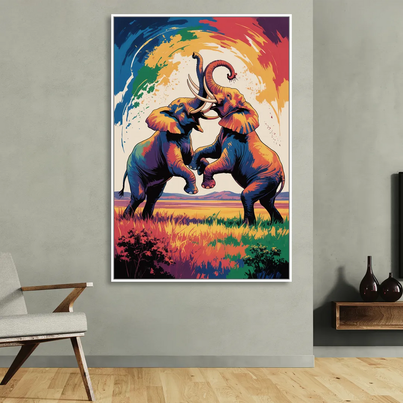 Epic Elephant Battle Sitting Room - White Canvas Wall Art