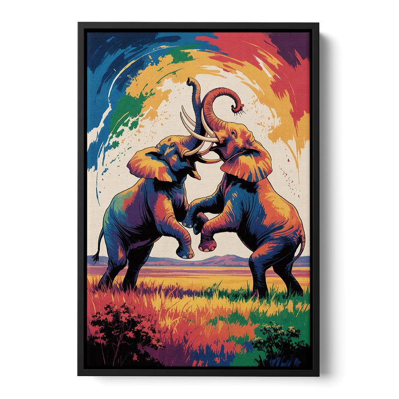 Epic Elephant Battle Front - Black Canvas Wall Art