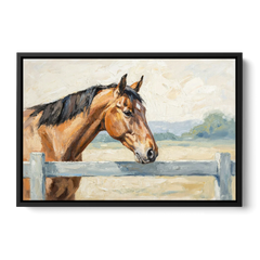 Equestrian Decor Bay Horse at the Morning Fence - Black Framed Canvas Wall Art - Front