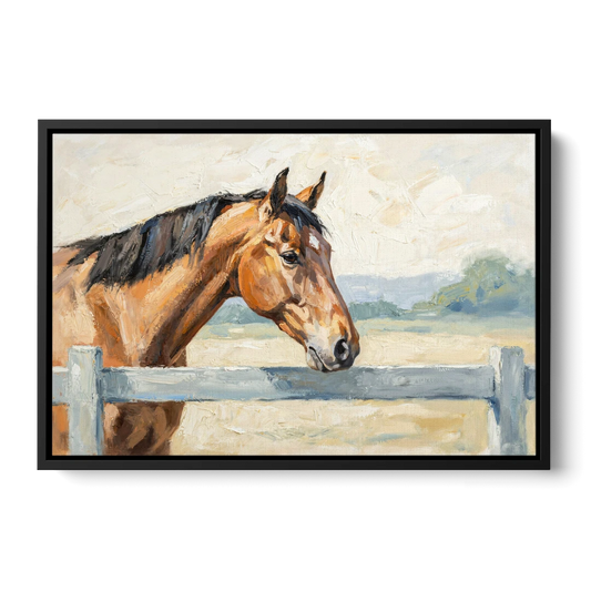 Equestrian Decor Bay Horse at the Morning Fence - Black Framed Canvas Wall Art - Front