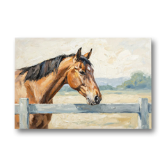 Equestrian Decor Bay Horse at the Morning Fence - Canvas Wall Art - Front
