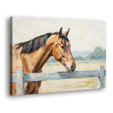 Equestrian Decor Bay Horse at the Morning Fence - Canvas Wall Art - Side