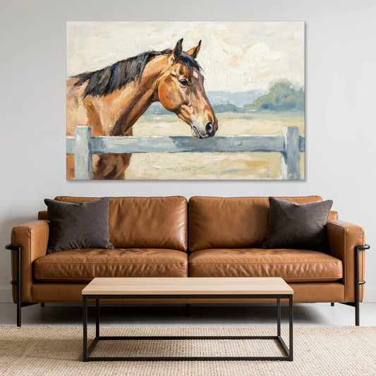 Equestrian Decor Bay Horse at the Morning Fence - Canvas Wall Art - Sofa - 60x40