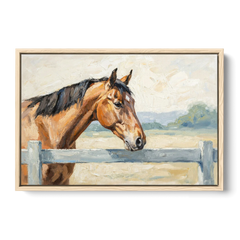 Equestrian Decor Bay Horse at the Morning Fence - Oak Framed Canvas Wall Art - Front