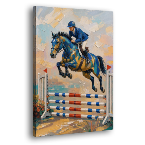Equestrian Wall Art Show Jumper in Cobalt and Gold - Canvas Wall Art - Side