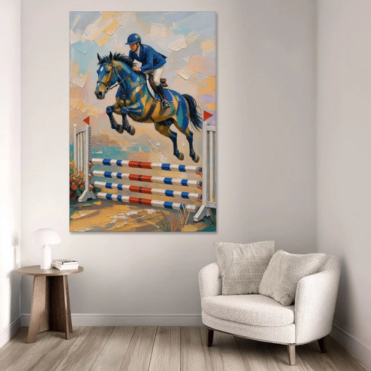 Equestrian Wall Art Show Jumper in Cobalt and Gold - Canvas Wall Art - Sofa - 40x60