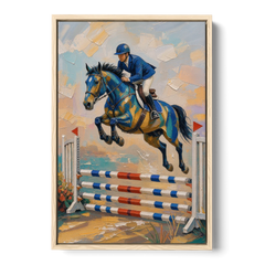 Equestrian Wall Art Show Jumper in Cobalt and Gold - Oak Framed Canvas Wall Art - Front