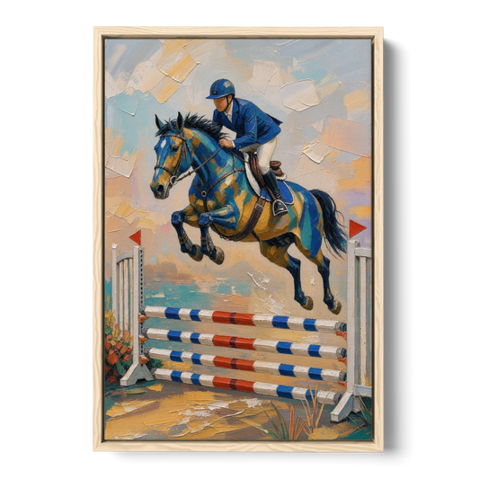 Equestrian Wall Art Show Jumper in Cobalt and Gold - Oak Framed Canvas Wall Art - Front
