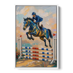 Equestrian Wall Art Show Jumper in Cobalt and Gold - White Framed Canvas Wall Art - Front