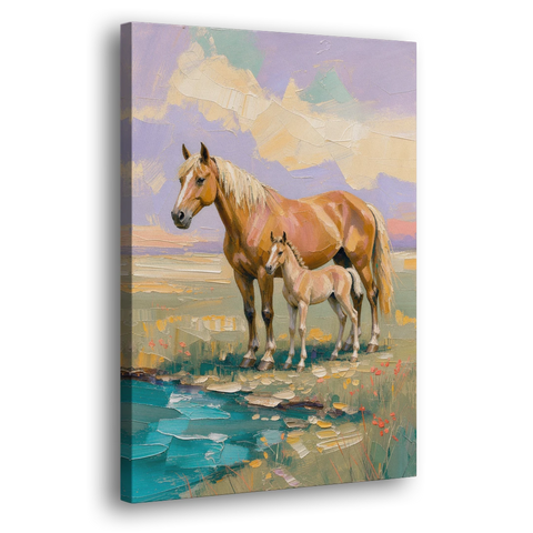 Equine Art Mare and Foal by the Teal Stream - Canvas Wall Art - Side