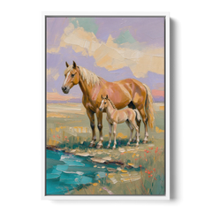 Equine Art Mare and Foal by the Teal Stream - White Framed Canvas Wall Art - Front